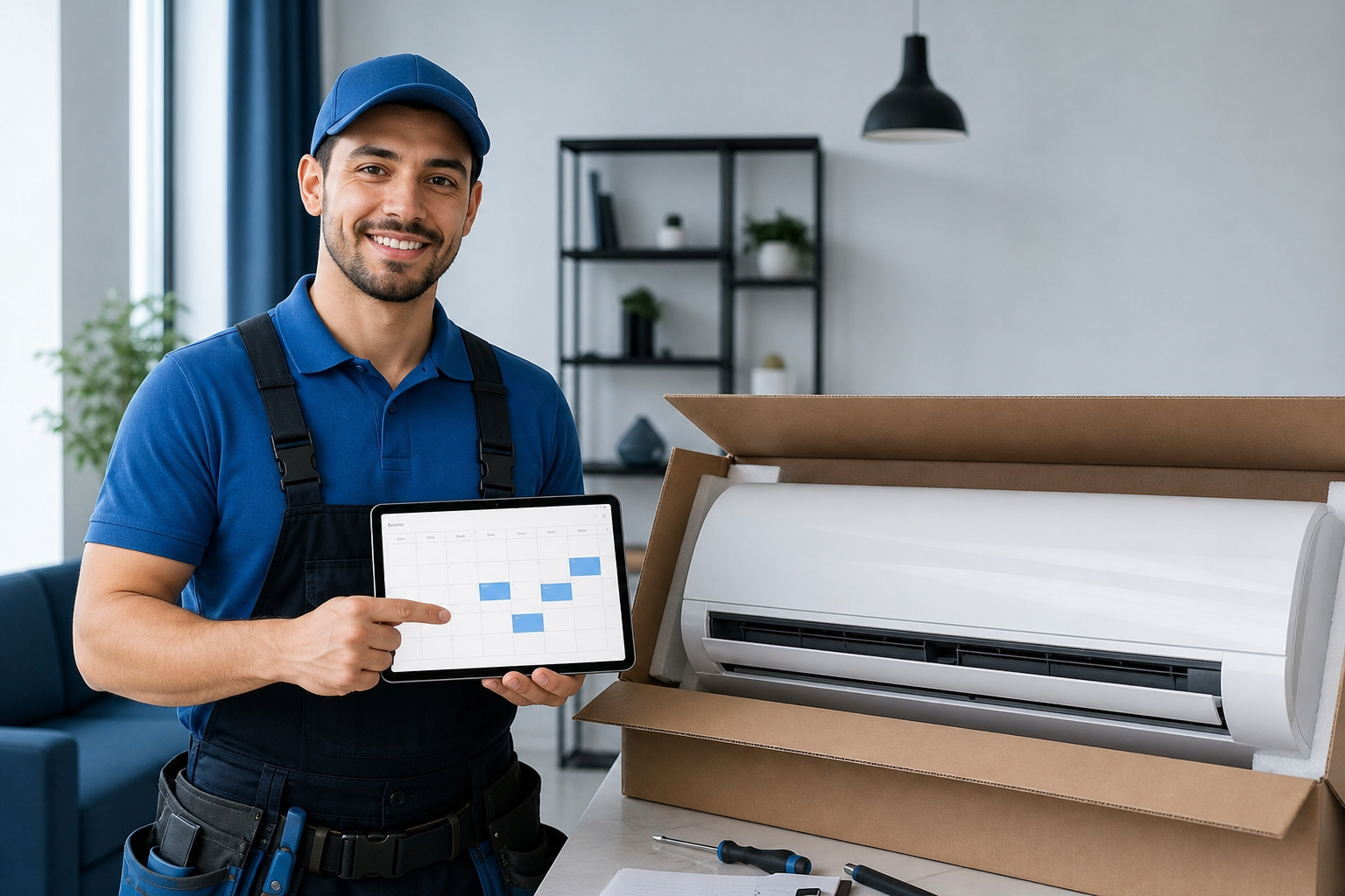 Technicien présentant un parcours rapide d'installation de climatisation